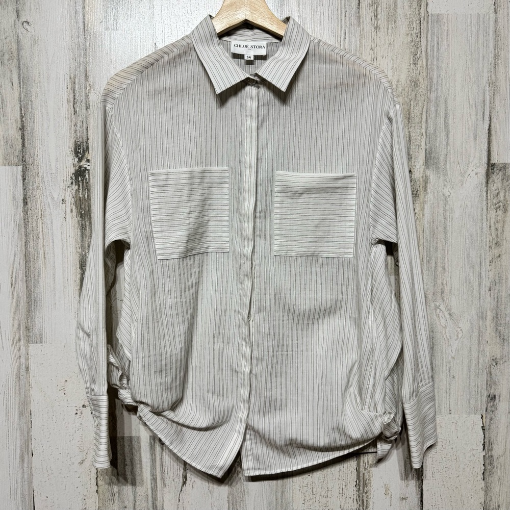 Chloe Stora Cream Striped Side Tie Button Front Long Sleeve Shirt Size XS 34